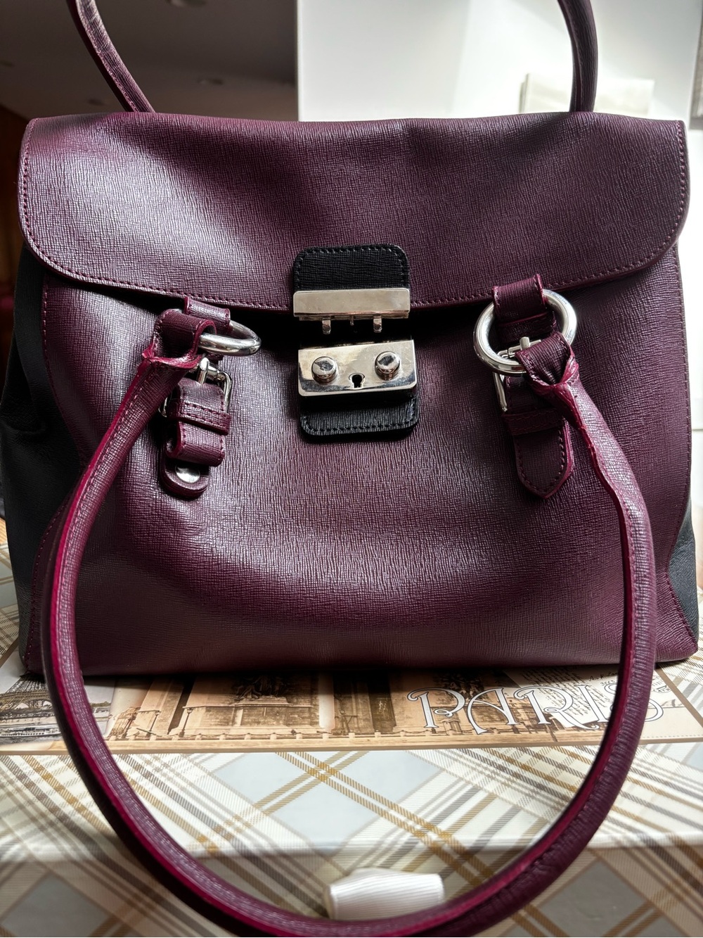 CLAUDIA FIRENZE Saffiano Leather Lock Satchel Bag Purse Handbag-